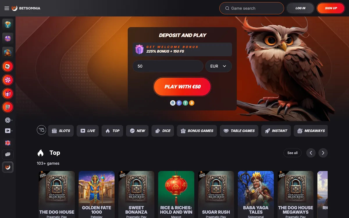 Betsomnia Casino — Home page, captured from Switzerland