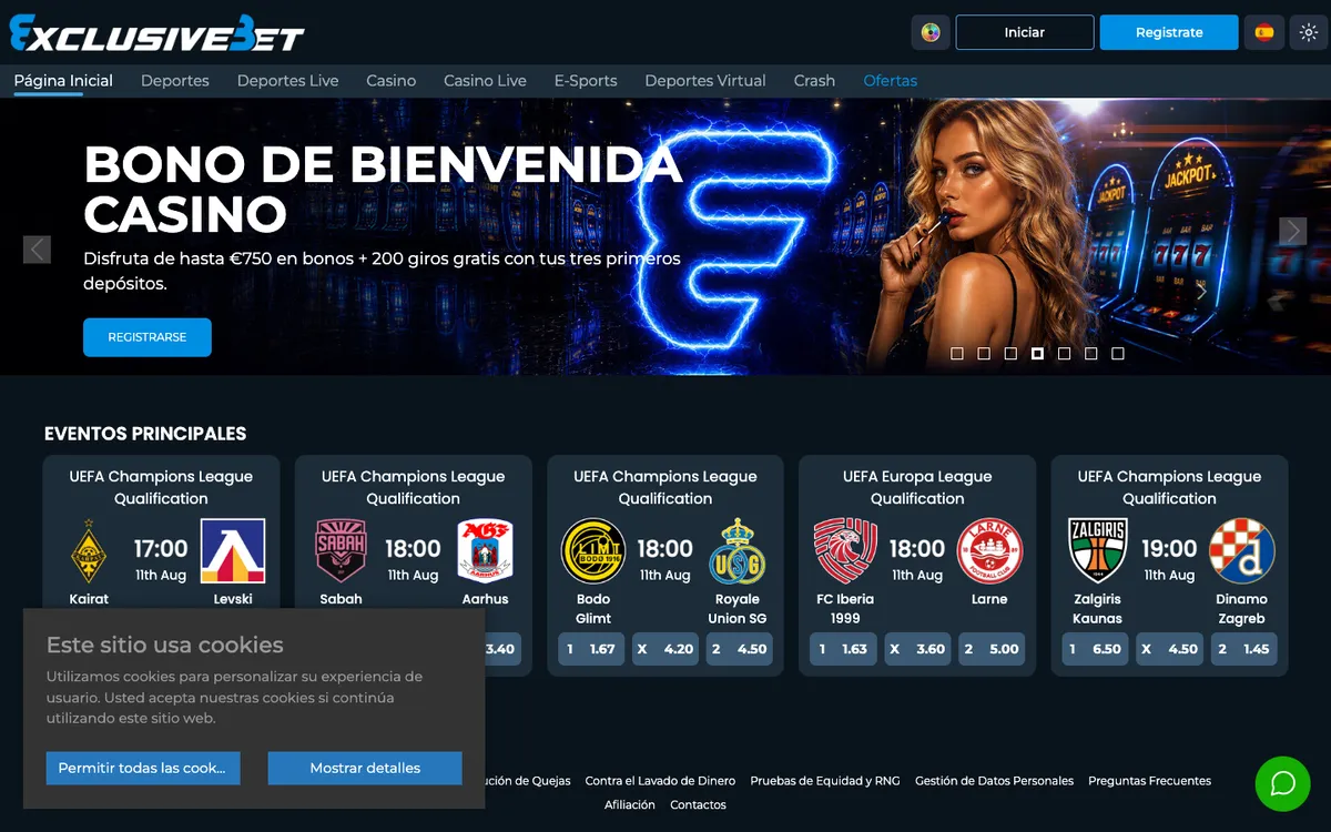 ExclusiveBet Casino — «Главная», снято из страны Испания