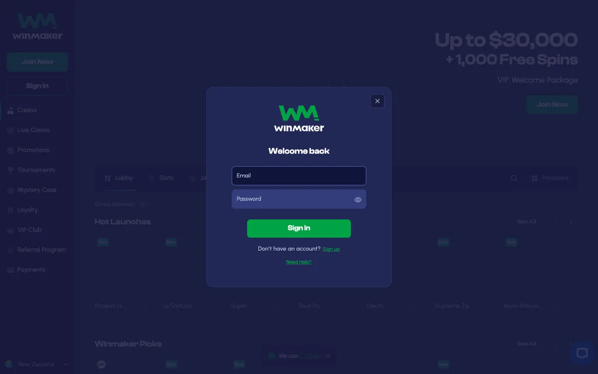 Winmaker Casino — Sign-up, captured from New Zealand