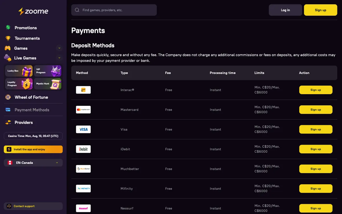 Zoome Casino — Payments, captured from Austria