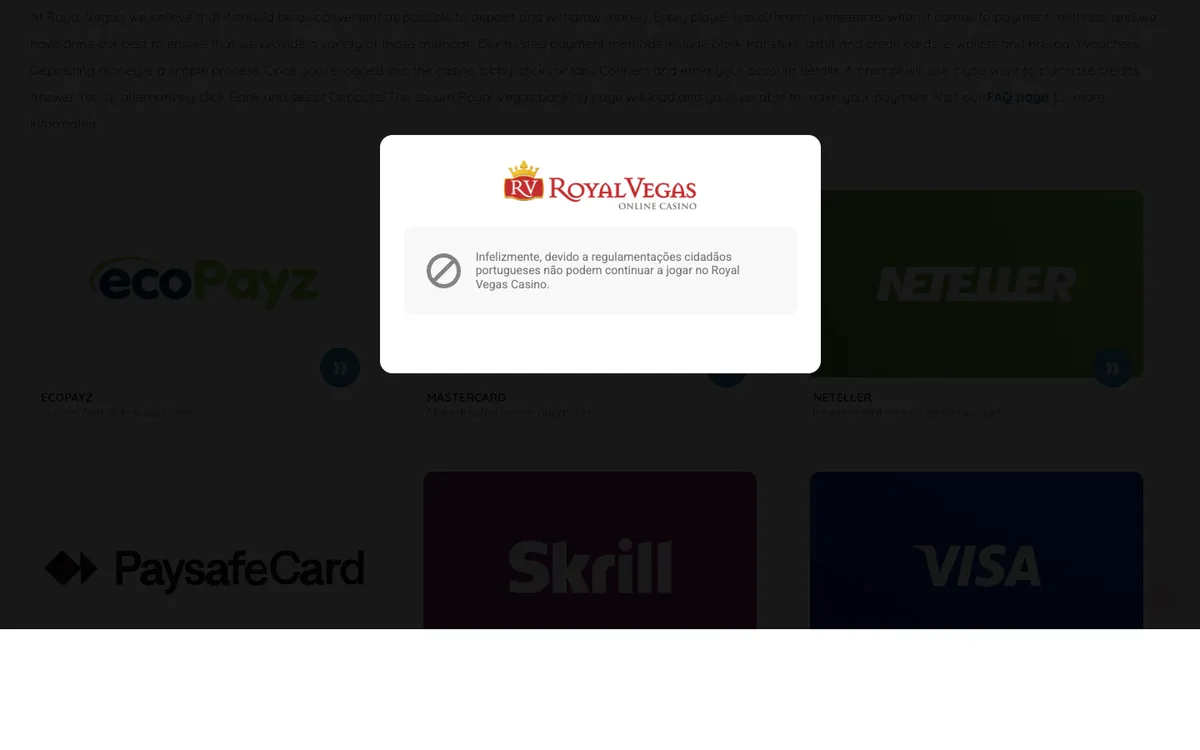 Royal Vegas Casino — Home page, captured from Portugal