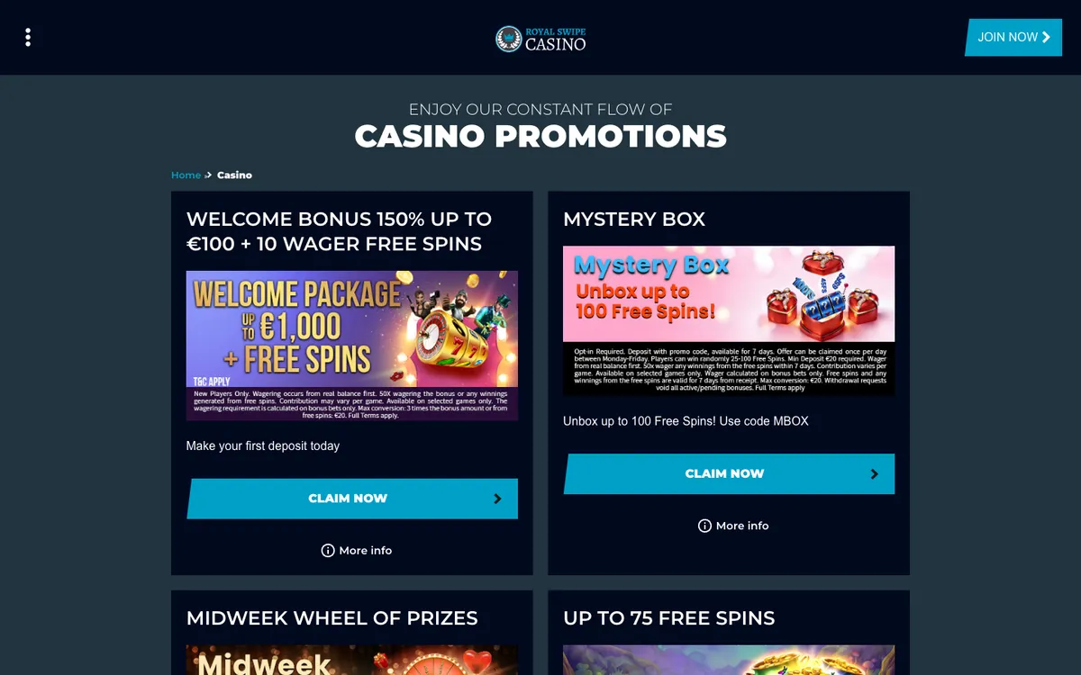 Royal Swipe Casino — «Акции», снято из страны Великобритания