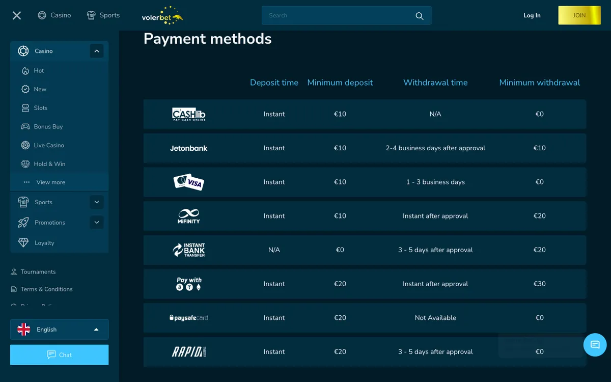 Volerbet Casino — Payments, captured from Brazil