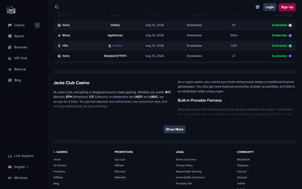 Jacks Club Casino — Home page, captured from Germany