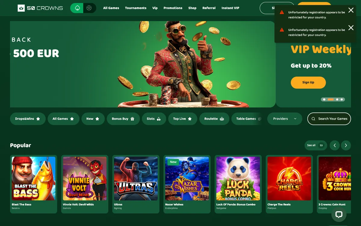 50 Crowns Casino — Sign-up, captured from Belgium