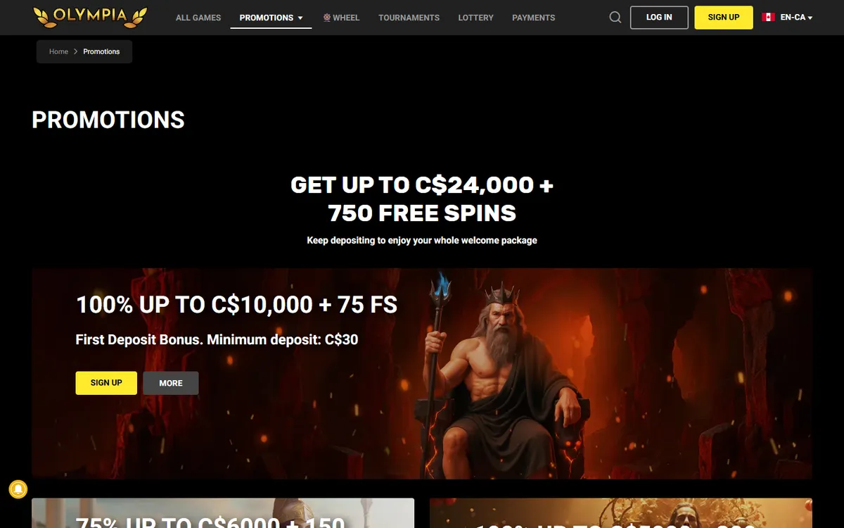 Olympia Casino — Promotions, captured from Canada