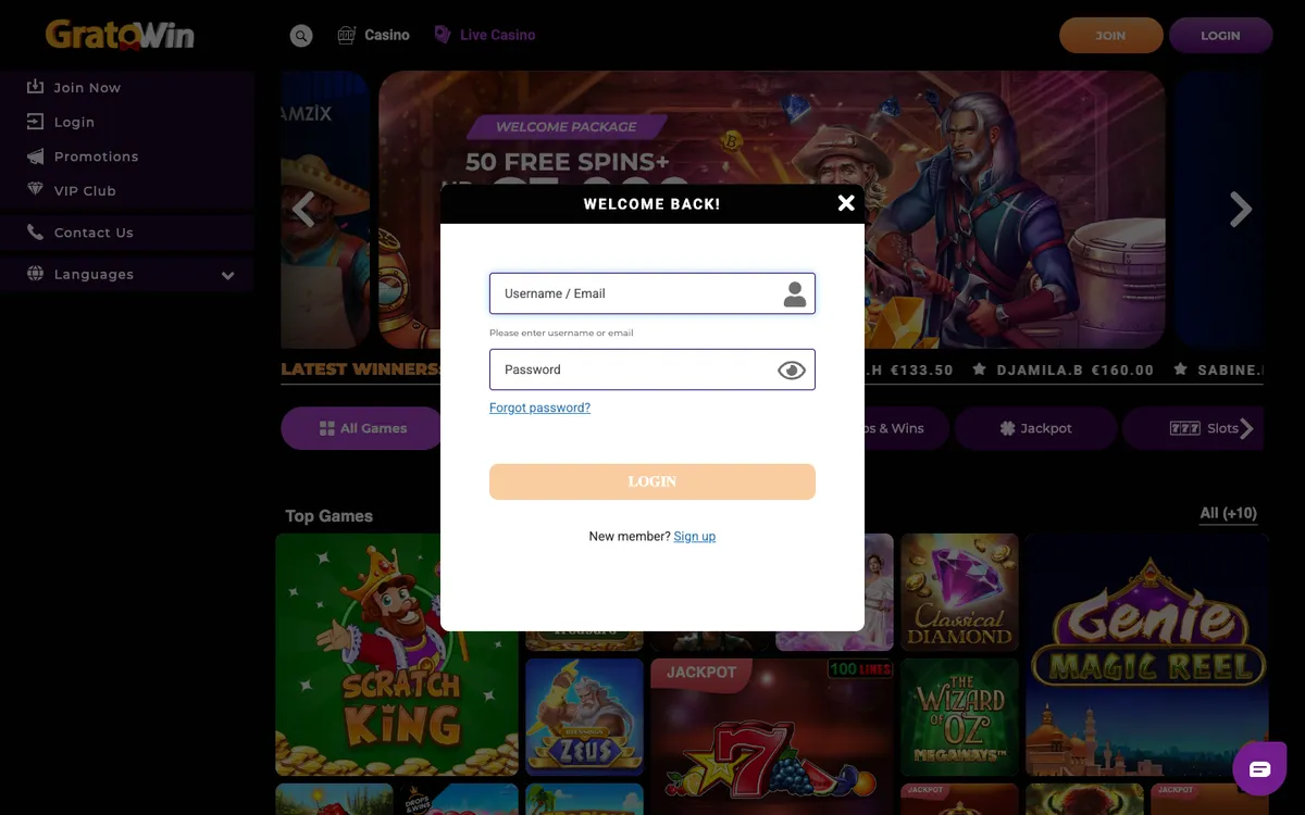 GratoWin Casino — Sign-up, captured from Belgium