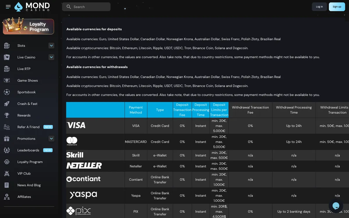 Mondcasino — Payments, captured from Australia