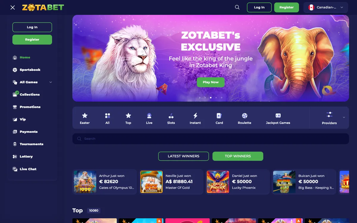 Zotabet Casino — Home page, captured from Canada