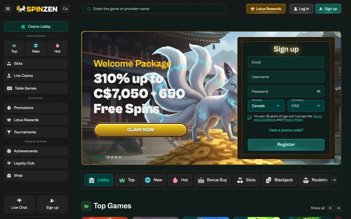 Spinzen Casino — Home page, captured from Canada