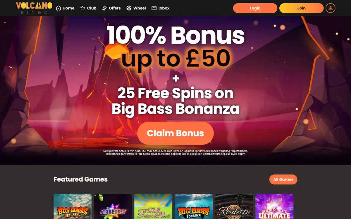 Volcano Bingo Casino — Home page, captured from United Kingdom