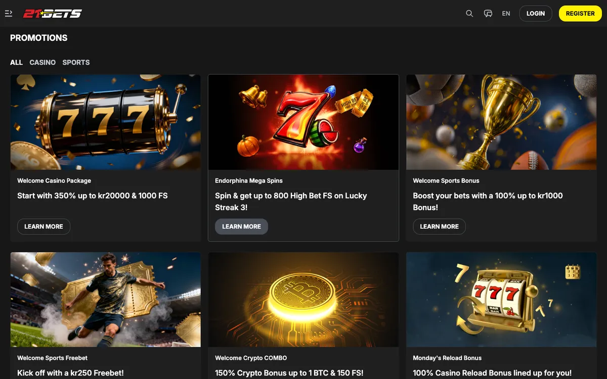 21 Bets Casino — Promotions, captured from Norway
