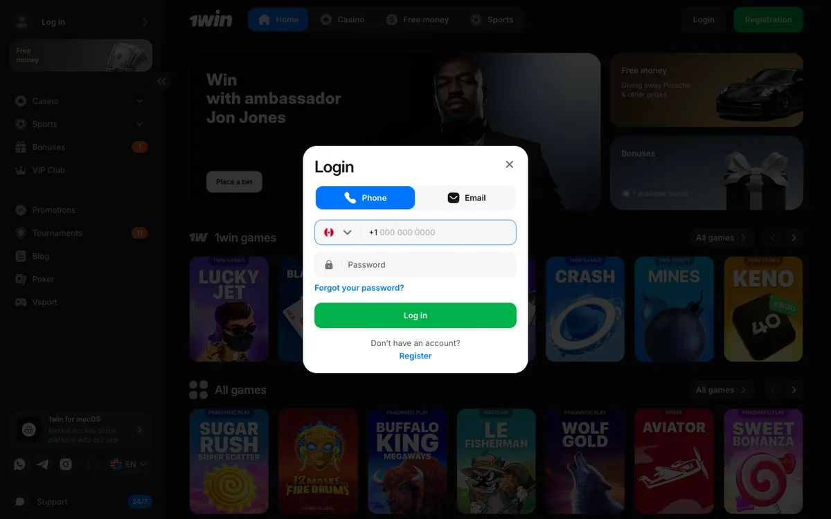 1win Casino — Sign-up, captured from Canada