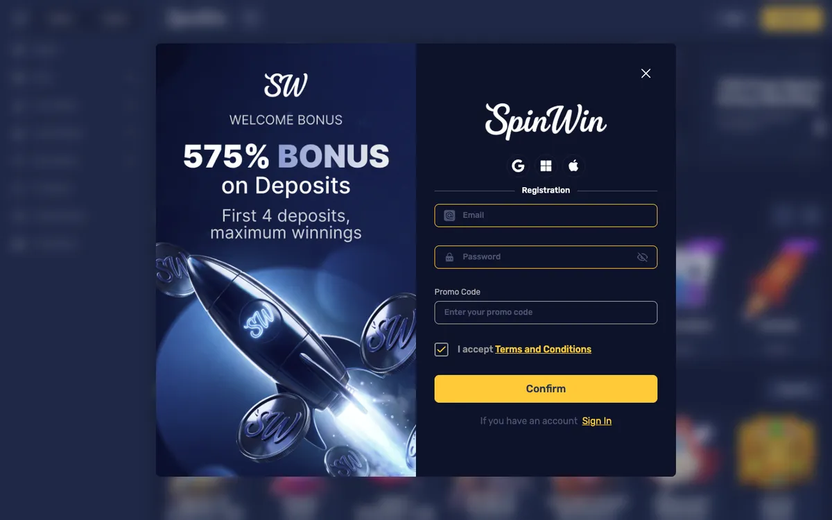 Spin Win Casino — Sign-up, captured from Belgium