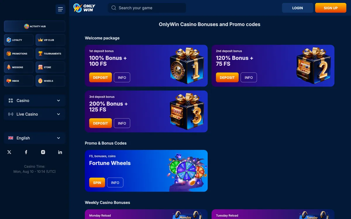 OnlyWin Casino — Promotions, captured from Belgium