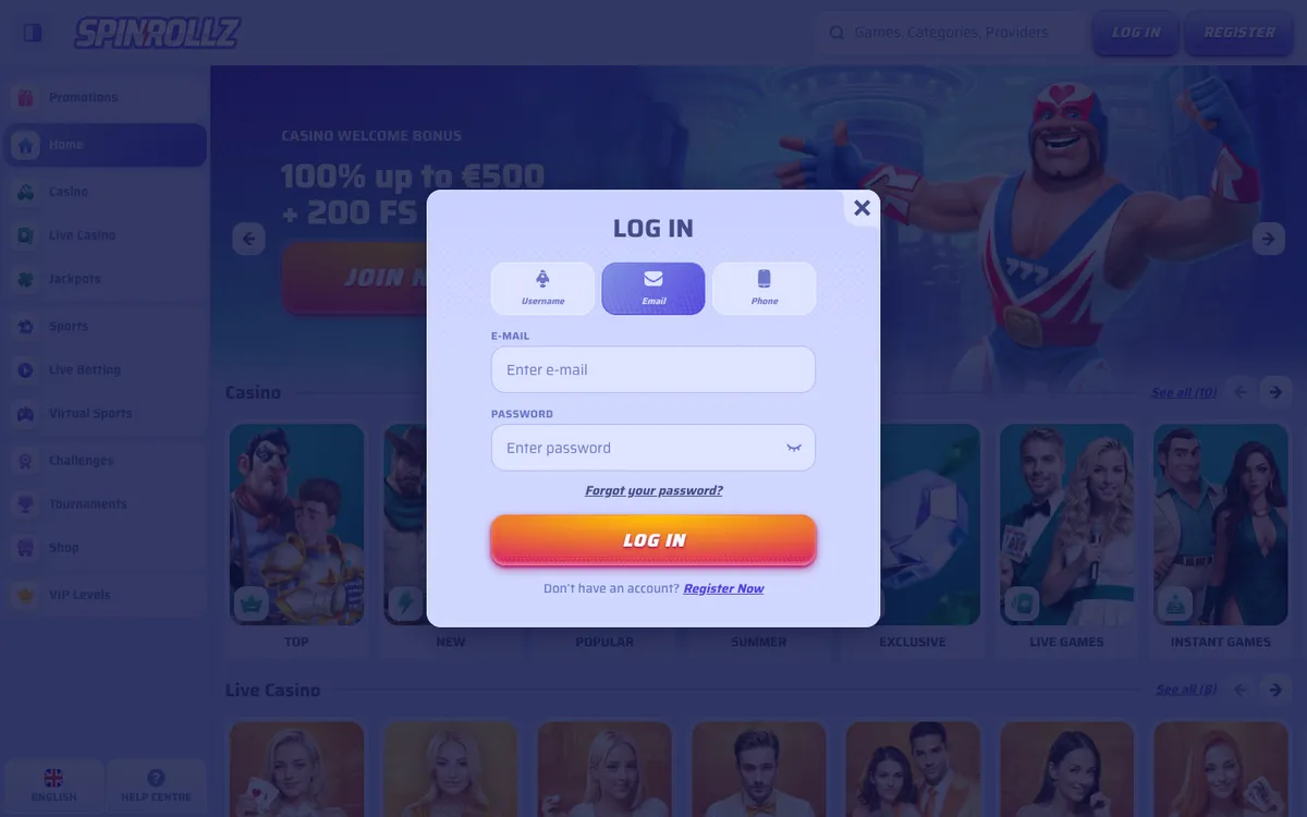 Spinrollz Casino — Sign-up, captured from South Africa