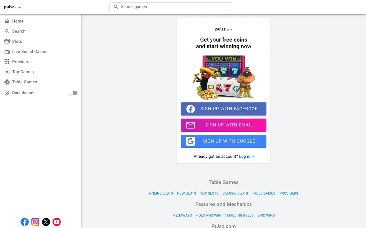 Pulsz Casino — Sign-up, captured from United States