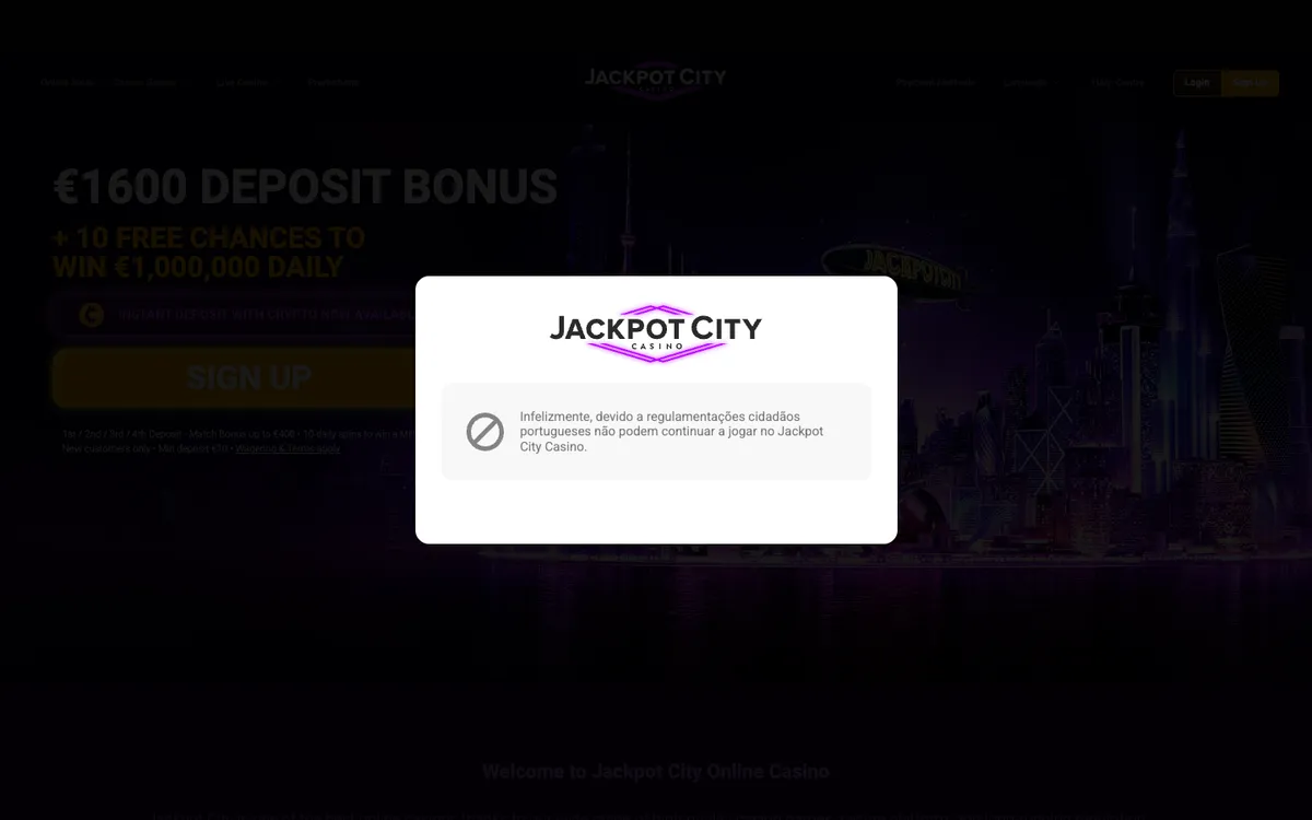 Jackpot City Casino — Home page, captured from Portugal