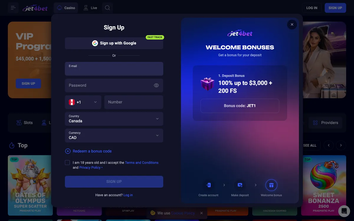 Jet4bet Casino — Sign-up, captured from Canada