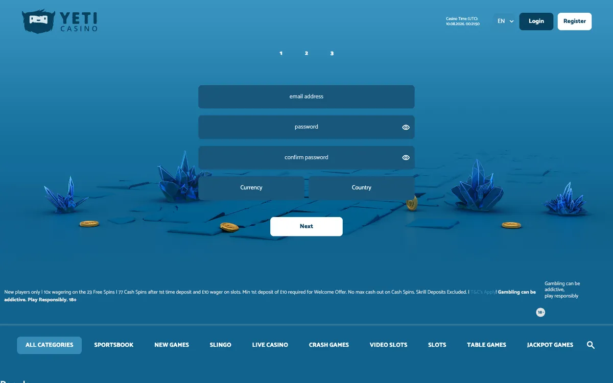 Yeti Casino — «Регистрация», снято из страны Канада