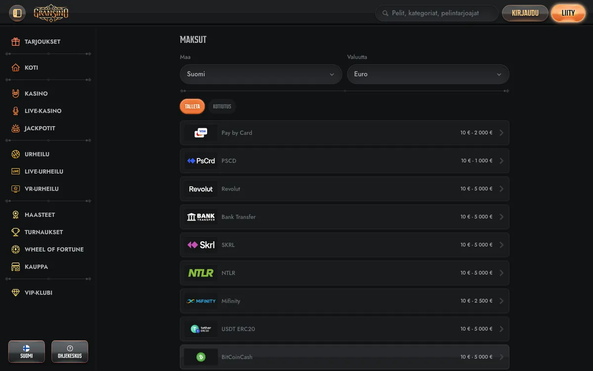 Gransino Casino — Payments, captured from Finland
