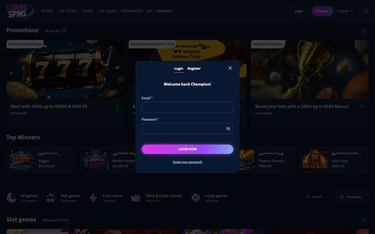 Lunarspins Casino — Sign-up, captured from Belgium
