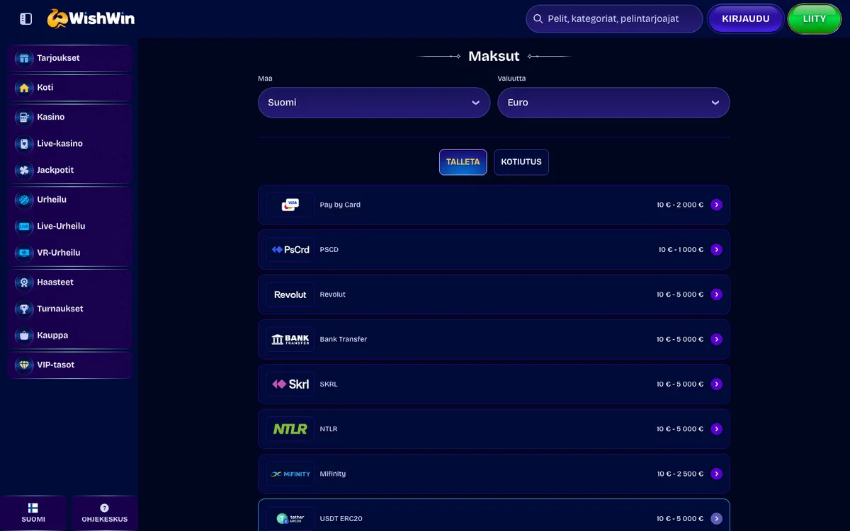 WishWin Casino — Payments, captured from Finland