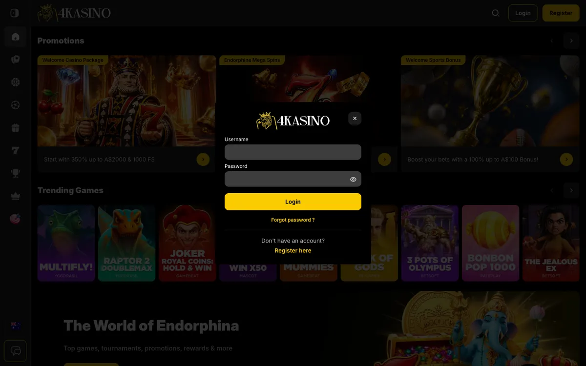 4Kasino Casino — Sign-up, captured from Australia