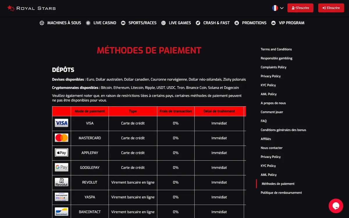 Royal Stars Casino — Payments, captured from France