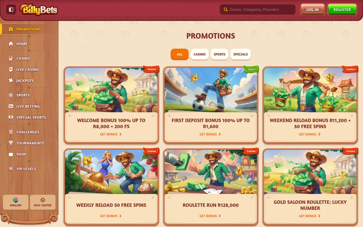 BillyBets Casino — «Акции», снято из страны Южно-Африканская Республика