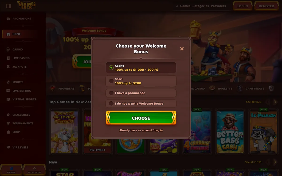 VikingLuck Casino — «Регистрация», снято из страны Новая Зеландия