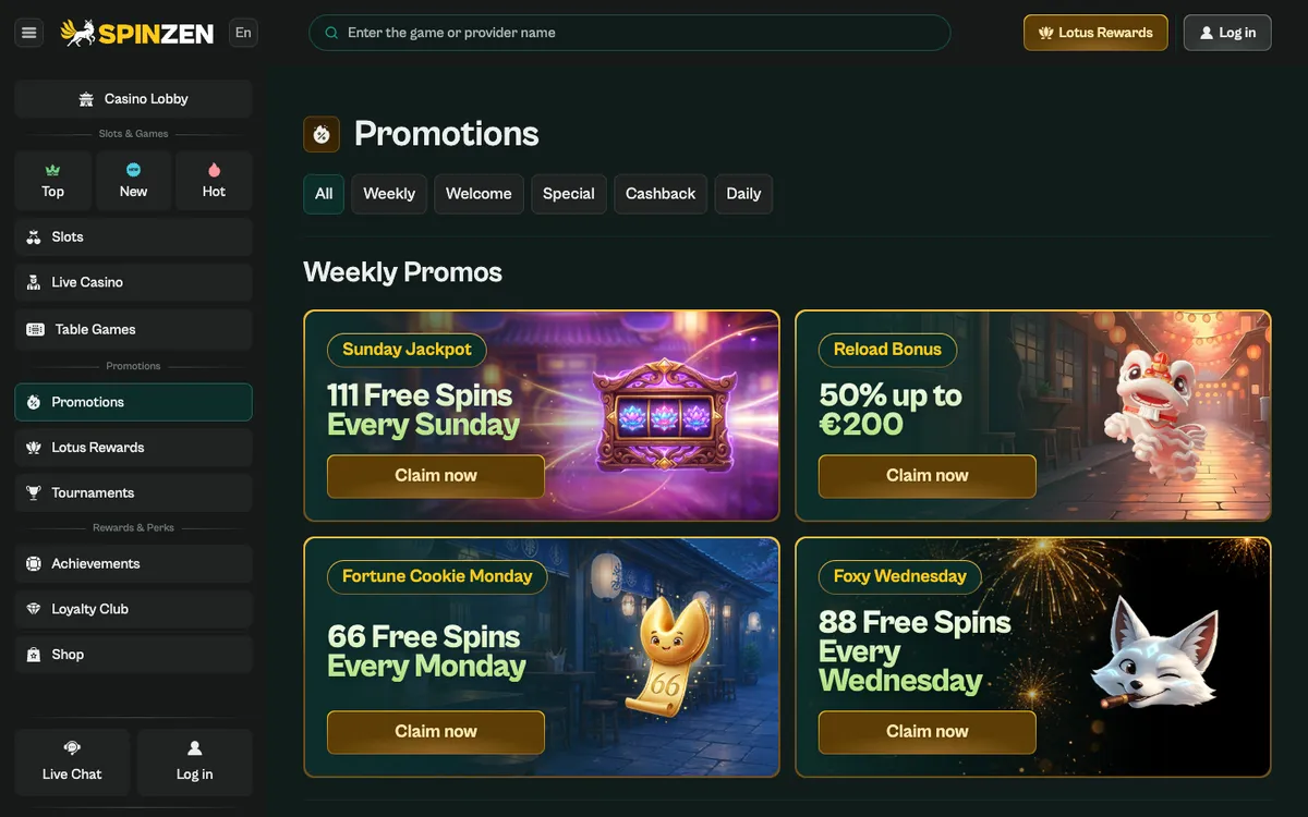 Spinzen Casino — Promotions, captured from Finland