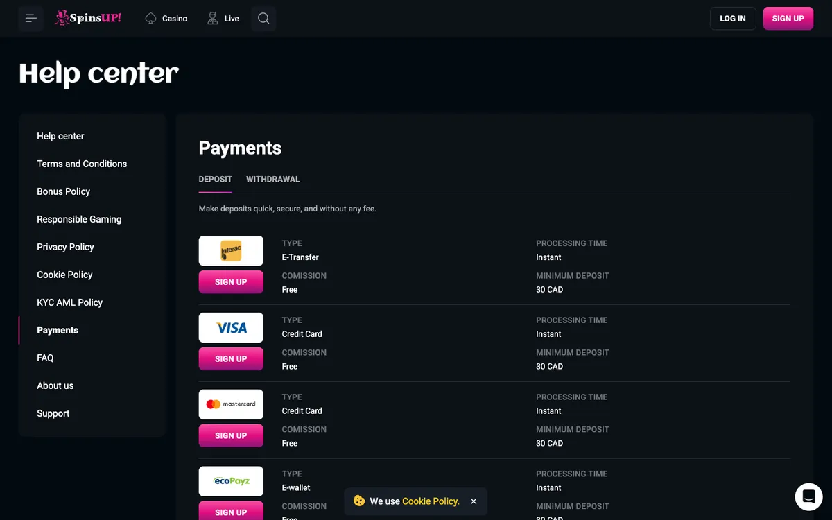 SpinsUP Casino — Payments, captured from Canada