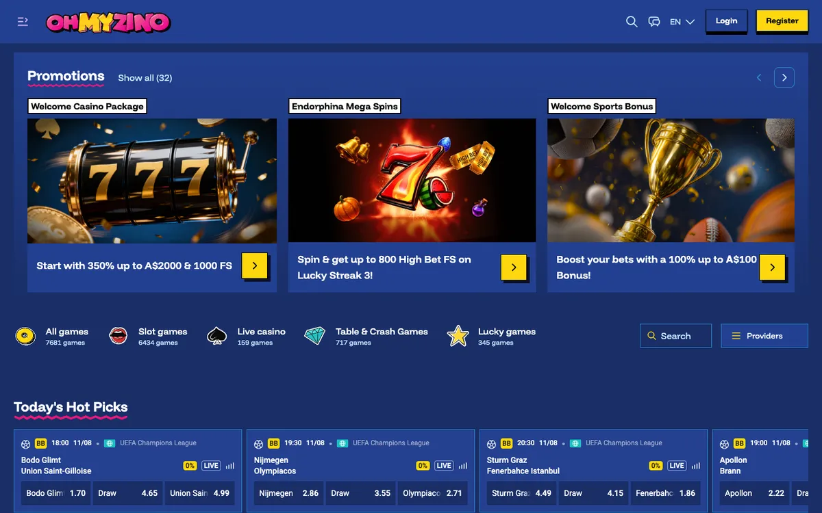 OhMyZino Casino — Home page, captured from Australia