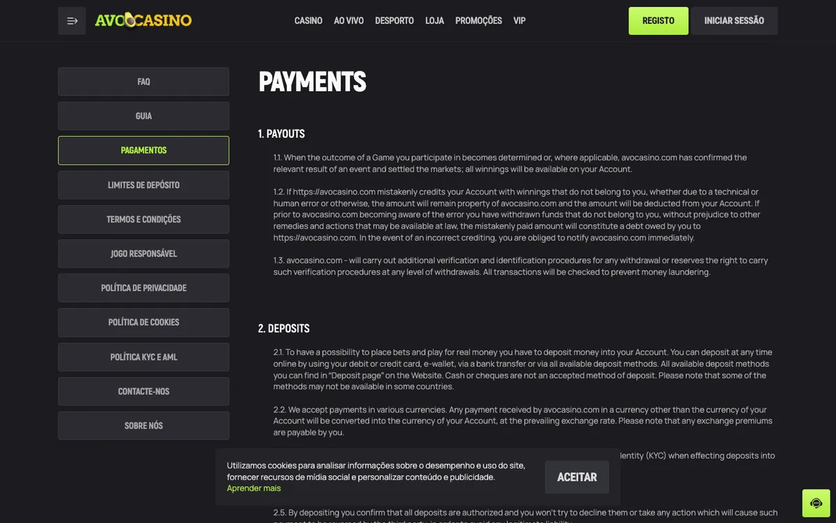Avocasino — Payments, captured from Brazil