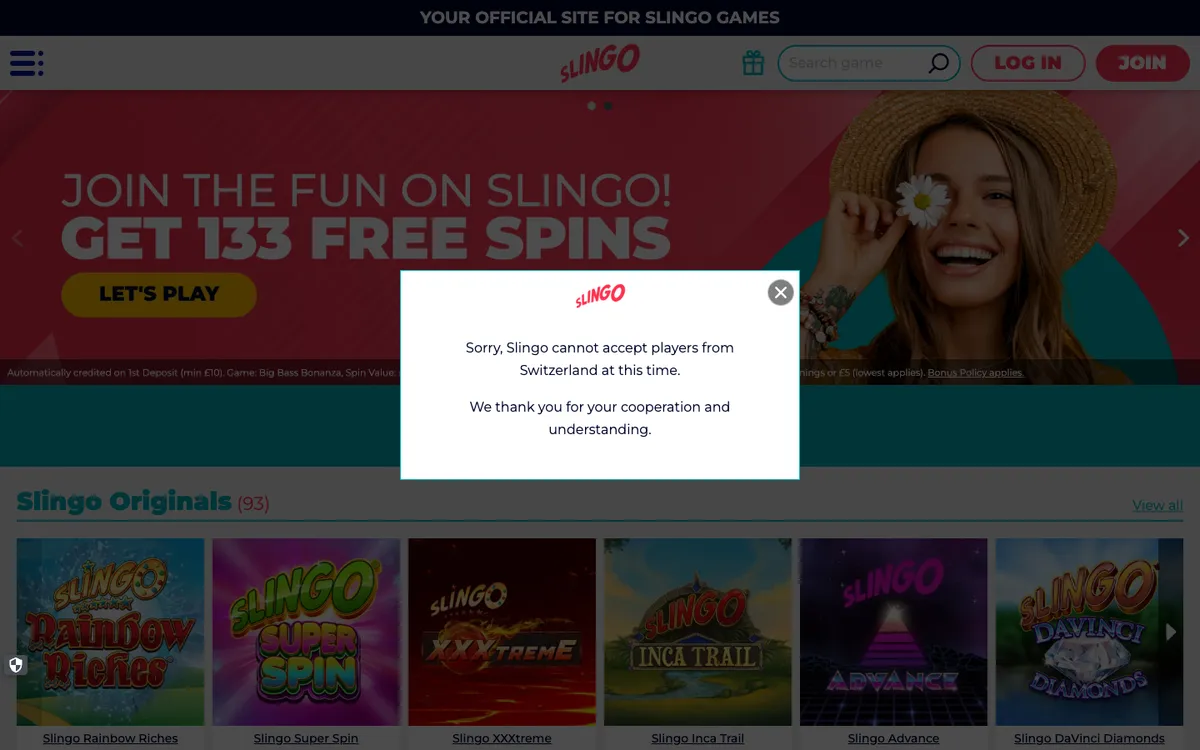 Slingo Casino — «Регистрация», снято из страны Швейцария