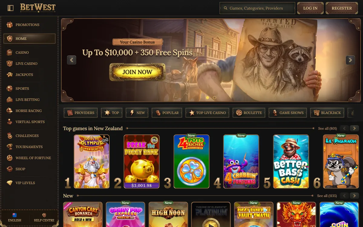 BetWest Casino — Home page, captured from New Zealand