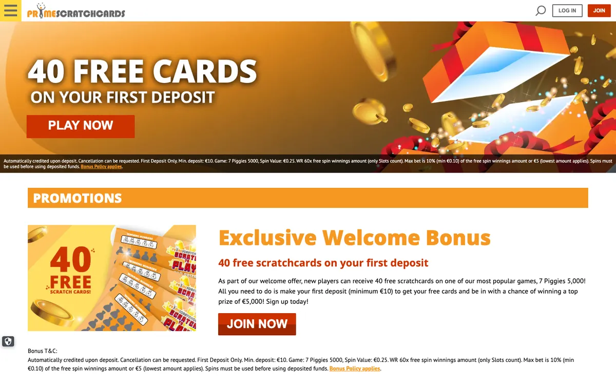 Prime Scratch Cards Casino — Promotions, captured from Belgium