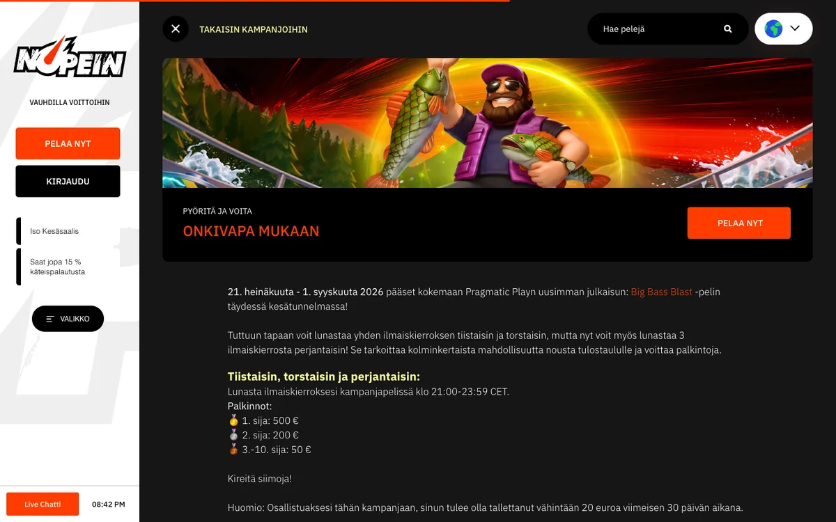Nopein Casino — Promotions, captured from Finland