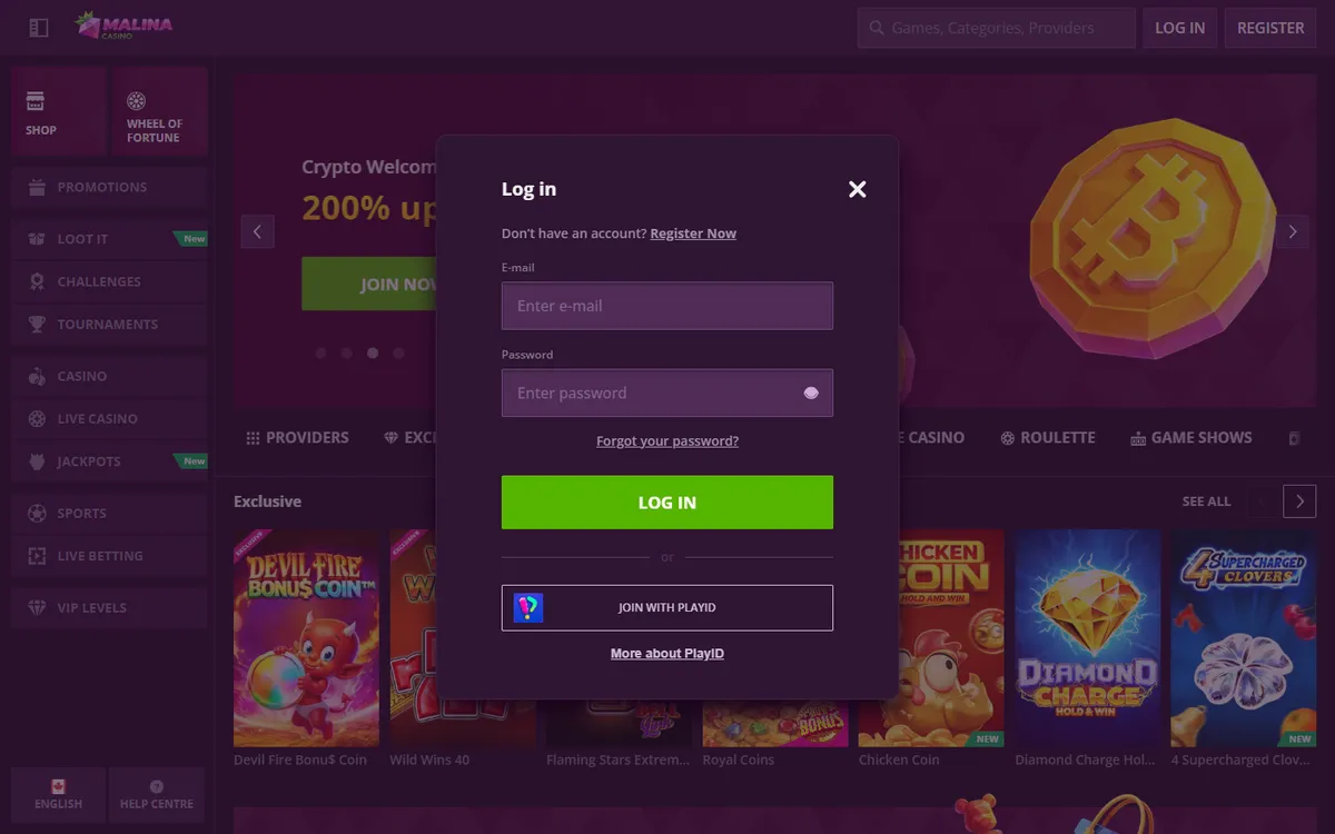 MalinaCasino — Sign-up, captured from Canada