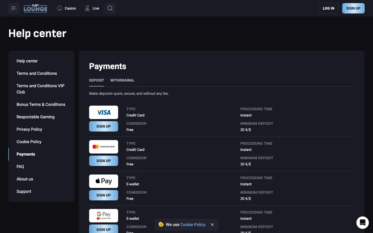 SlotLounge Casino — Payments, captured from Canada
