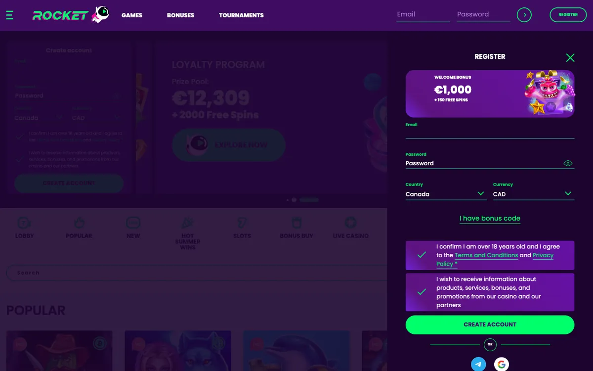 Casino Rocket — Sign-up, captured from Canada