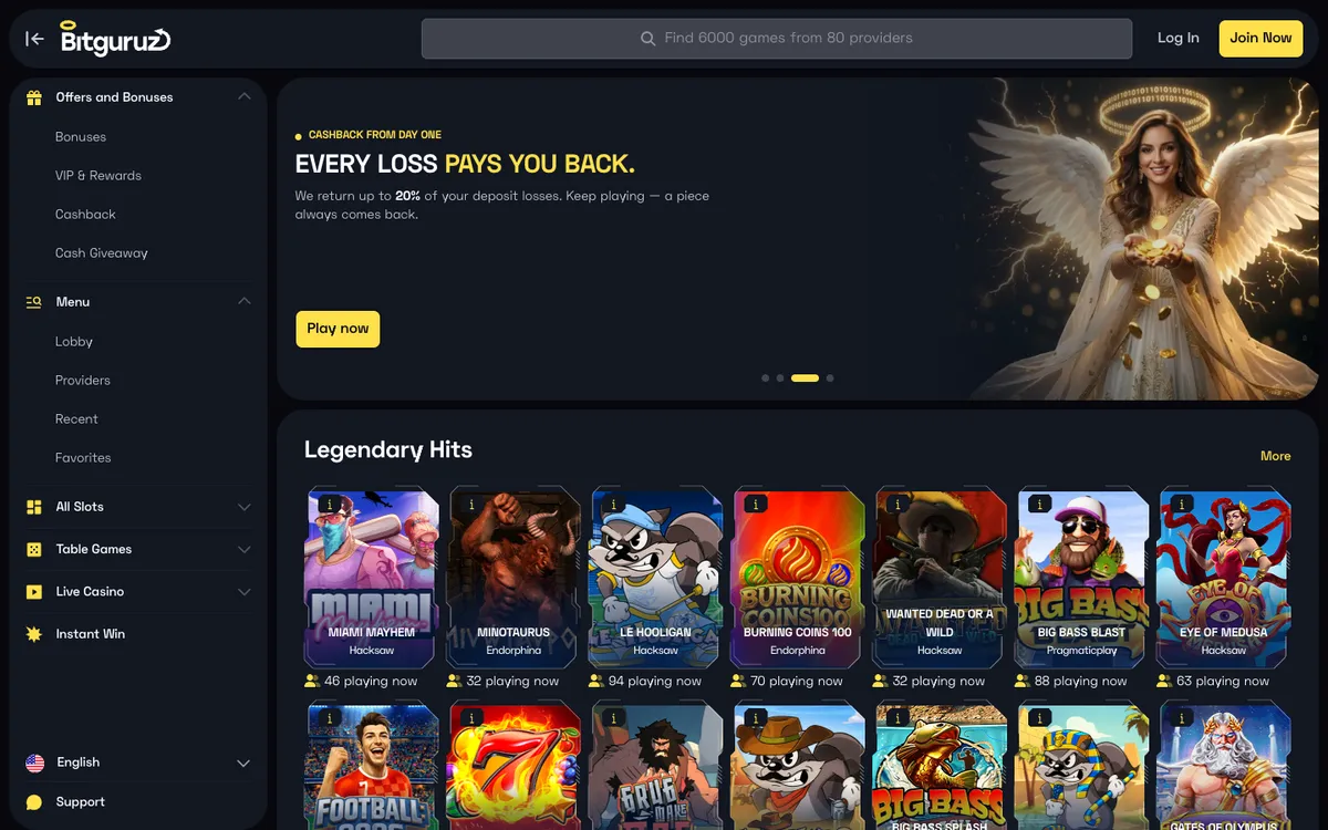 Bitguruz Casino — Home page, captured from South Africa