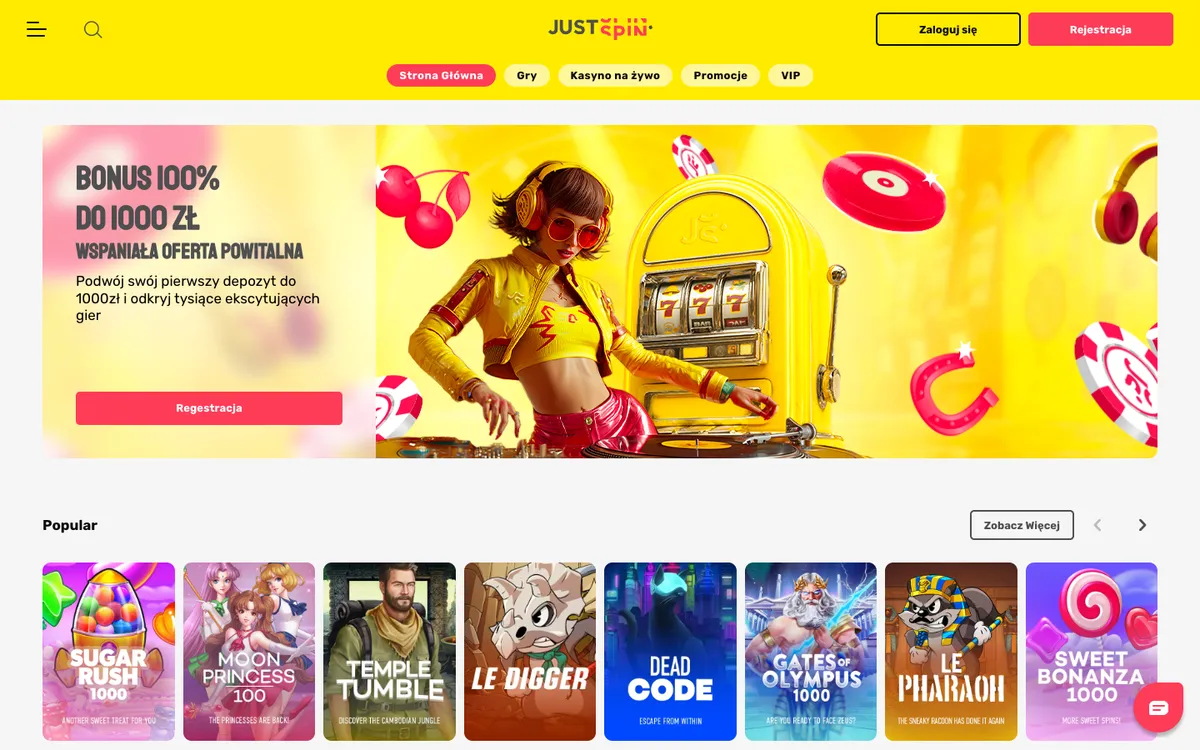 Justspin Casino — Home page, captured from Poland