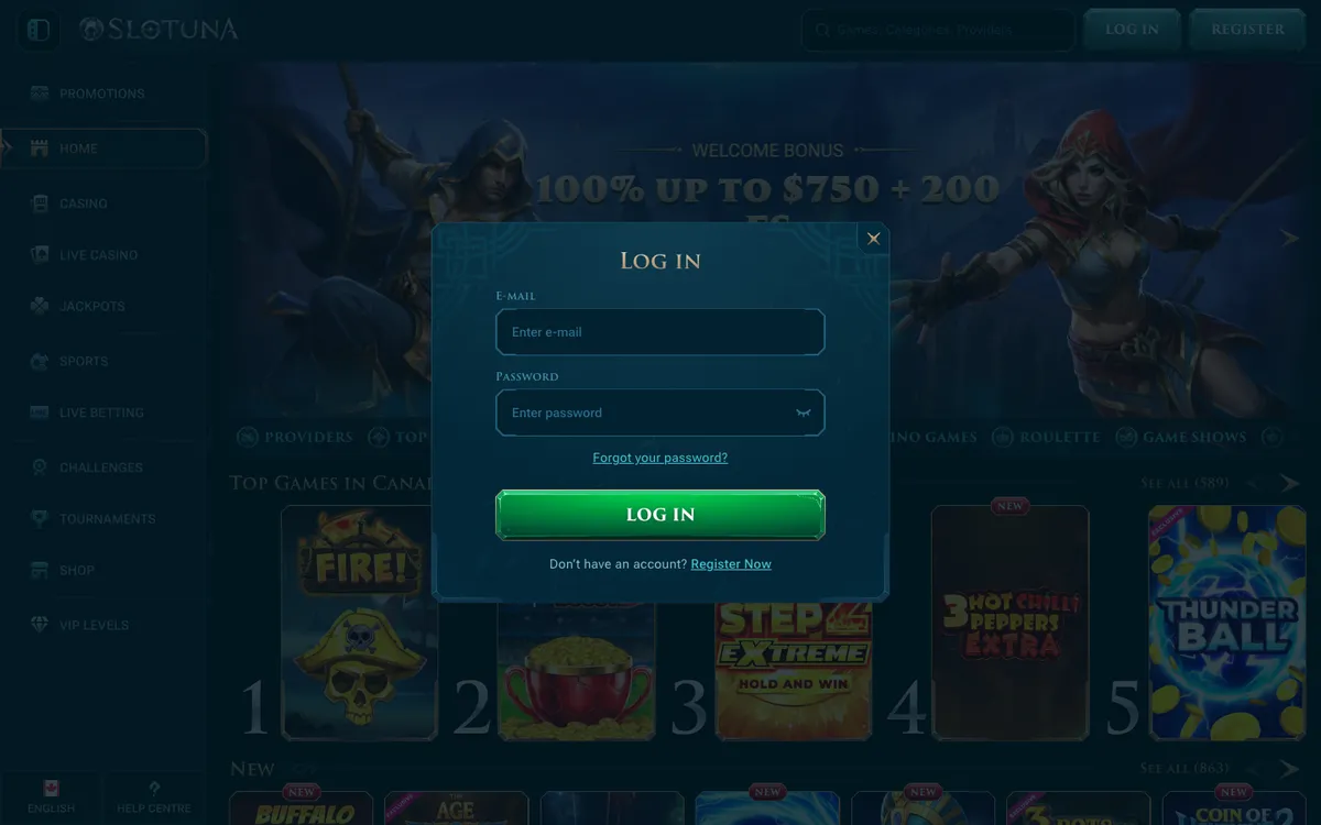 Slotuna Casino — «Регистрация», снято из страны Канада