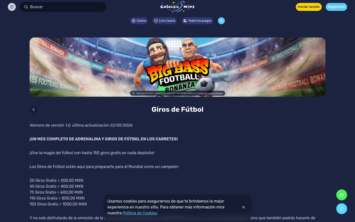 Galactic Wins Casino — Promotions, captured from Mexico