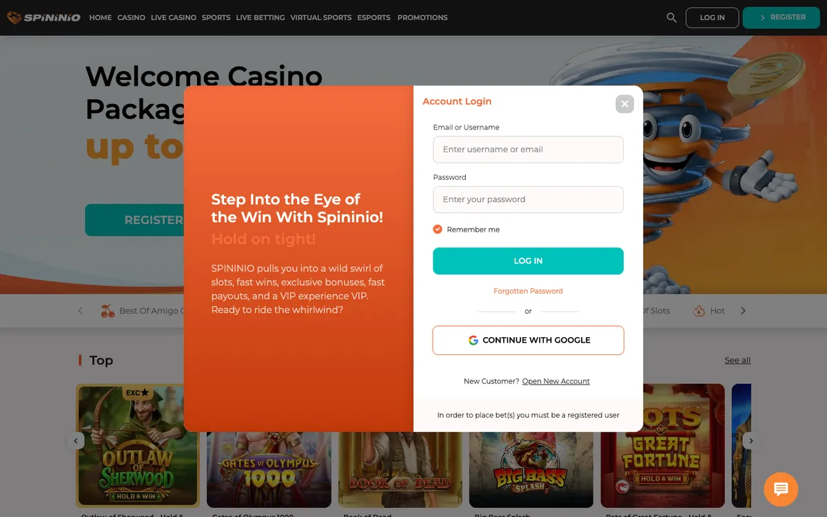 Spininio Casino — Sign-up, captured from Canada