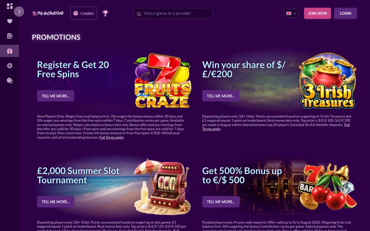MrJackVegas Casino — Promotions, captured from Austria