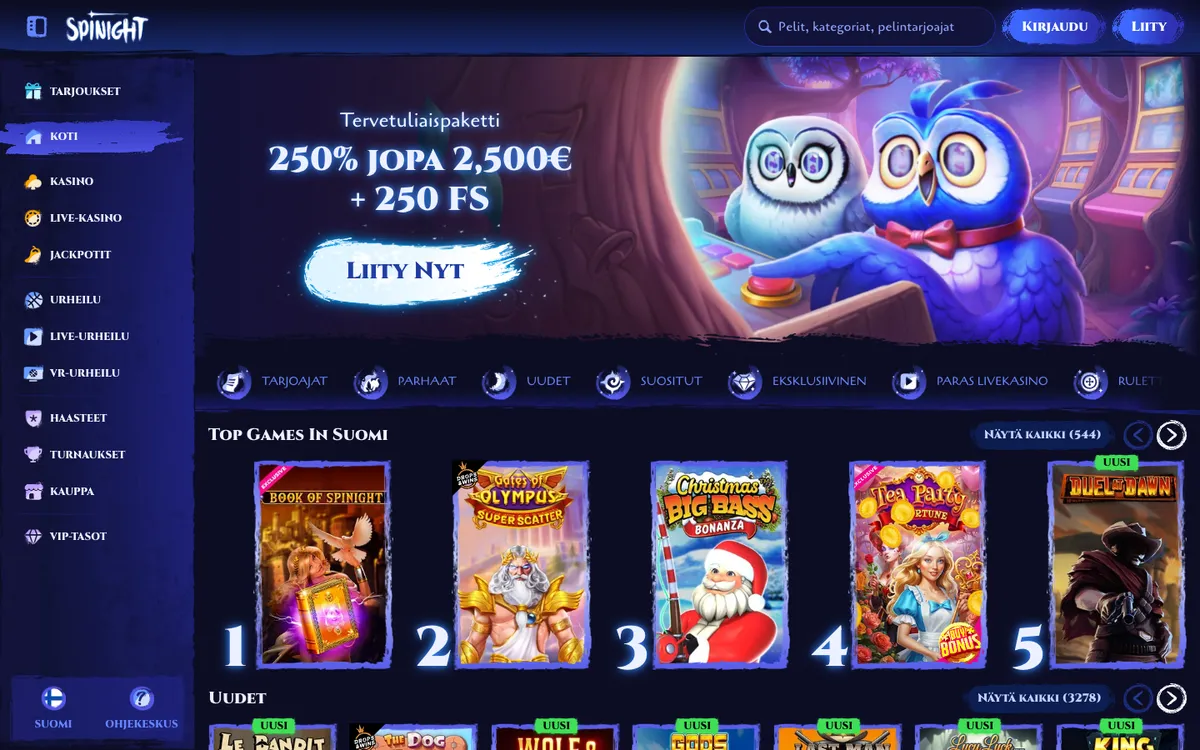 Spinight Casino — Home page, captured from Finland