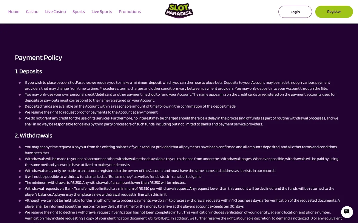 Slotparadise Casino — Payments, captured from Austria